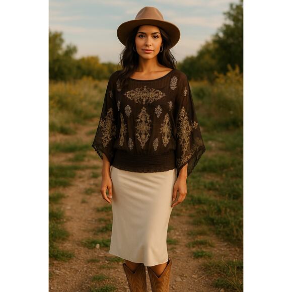 Karen Kane 100% Silk Sheer Blouse Boho Gold Baroque Print Top Size Small - Picture 1 of 9